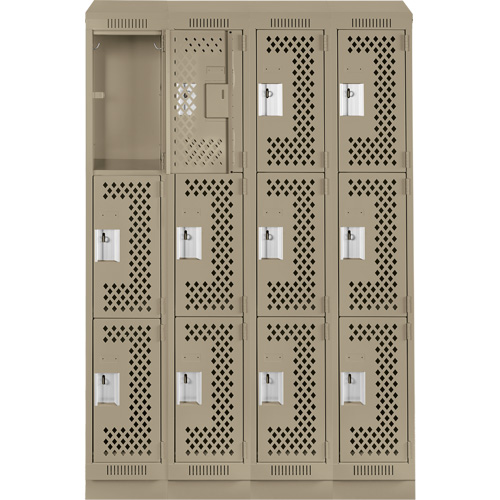 Clean Line Lockers, 3 -tier, Bank of 4, 48" x 15" x 82", Steel, Beige, Rivet (Assembled), Perforated Brunswick Fyr & Safety