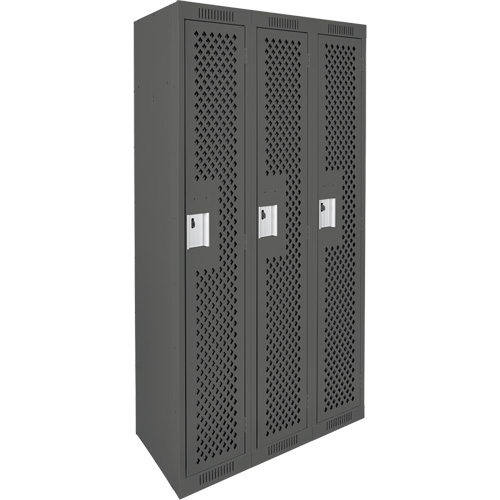 Clean Line Lockers, Bank of 3, 36" x 15" x 72", Steel, Charcoal, Rivet (Assembled), Perforated Brunswick Fyr & Safety