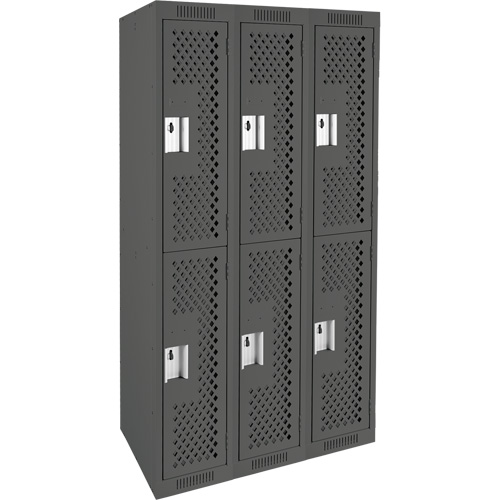 Clean Line Lockers, 2 -tier, Bank of 3, 36" x 15" x 72", Steel, Charcoal, Rivet (Assembled), Perforated Brunswick Fyr & Safety