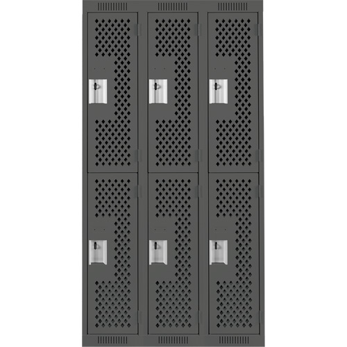 Clean Line Lockers, 2 -tier, Bank of 3, 36" x 15" x 72", Steel, Charcoal, Rivet (Assembled), Perforated Brunswick Fyr & Safety