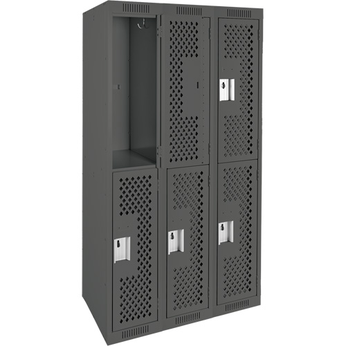 Clean Line Lockers, 2 -tier, Bank of 3, 36" x 15" x 72", Steel, Charcoal, Rivet (Assembled), Perforated Brunswick Fyr & Safety