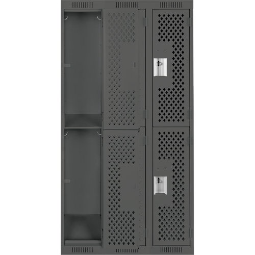 Clean Line Lockers, 2 -tier, Bank of 3, 36" x 15" x 72", Steel, Charcoal, Rivet (Assembled), Perforated Brunswick Fyr & Safety