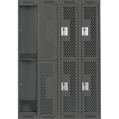 Clean Line Lockers, 2 -tier, Bank of 4, 48" x 15" x 72", Steel, Charcoal, Rivet (Assembled), Perforated Brunswick Fyr & Safety