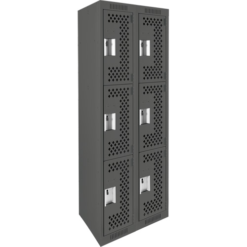 Clean Line Lockers, 3 -tier, Bank of 2, 24" x 12" x 72", Steel, Charcoal, Rivet (Assembled), Perforated Brunswick Fyr & Safety