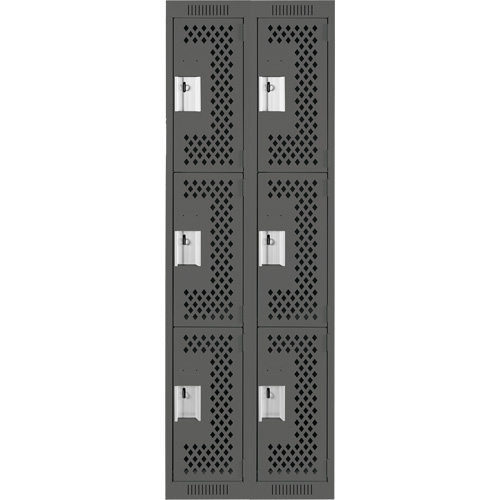 Clean Line Lockers, 3 -tier, Bank of 2, 24" x 12" x 72", Steel, Charcoal, Rivet (Assembled), Perforated Brunswick Fyr & Safety