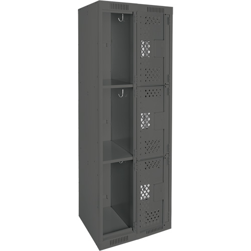 Clean Line Lockers, 3 -tier, Bank of 2, 24" x 12" x 72", Steel, Charcoal, Rivet (Assembled), Perforated Brunswick Fyr & Safety