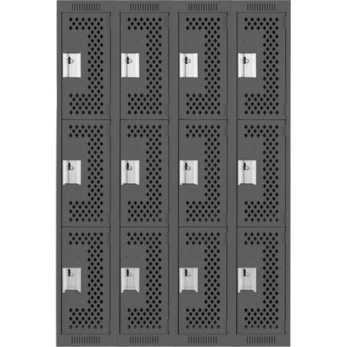 Clean Line Lockers, 3 -tier, Bank of 4, 48" x 12" x 72", Steel, Charcoal, Rivet (Assembled), Perforated Brunswick Fyr & Safety