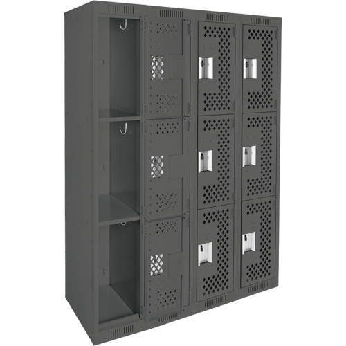 Clean Line Lockers, 3 -tier, Bank of 4, 48" x 12" x 72", Steel, Charcoal, Rivet (Assembled), Perforated Brunswick Fyr & Safety