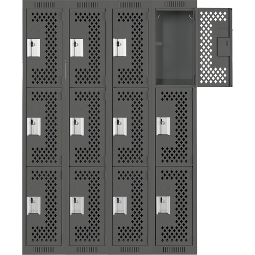 Clean Line Lockers, 3 -tier, Bank of 4, 48" x 12" x 72", Steel, Charcoal, Rivet (Assembled), Perforated Brunswick Fyr & Safety