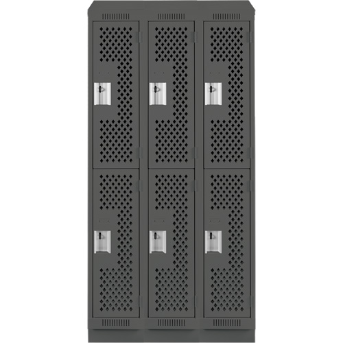 Clean Line Lockers, 2 -tier, Bank of 3, 36" x 15" x 82", Steel, Charcoal, Rivet (Assembled), Perforated Brunswick Fyr & Safety