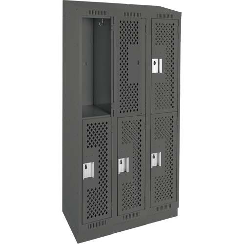 Clean Line Lockers, 2 -tier, Bank of 3, 36" x 15" x 82", Steel, Charcoal, Rivet (Assembled), Perforated Brunswick Fyr & Safety
