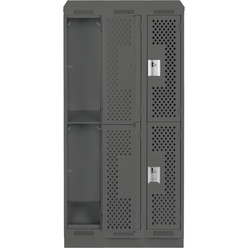 Clean Line Lockers, 2 -tier, Bank of 3, 36" x 15" x 82", Steel, Charcoal, Rivet (Assembled), Perforated Brunswick Fyr & Safety