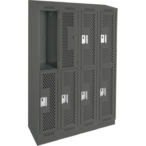 Clean Line Lockers, 2 -tier, Bank of 4, 48" x 15" x 82", Steel, Charcoal, Rivet (Assembled), Perforated Brunswick Fyr & Safety