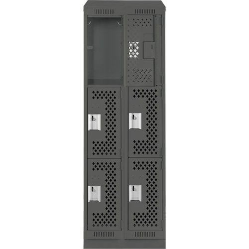 Clean Line Lockers, 3 -tier, Bank of 2, 24" x 15" x 82", Steel, Charcoal, Rivet (Assembled), Perforated Brunswick Fyr & Safety