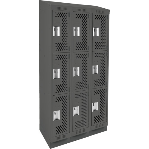 Clean Line Lockers, 3 -tier, Bank of 3, 36" x 15" x 82", Steel, Charcoal, Rivet (Assembled), Perforated Brunswick Fyr & Safety