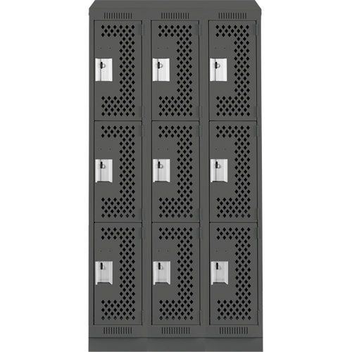 Clean Line Lockers, 3 -tier, Bank of 3, 36" x 15" x 82", Steel, Charcoal, Rivet (Assembled), Perforated Brunswick Fyr & Safety