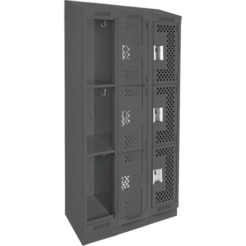 Clean Line Lockers, 3 -tier, Bank of 3, 36" x 15" x 82", Steel, Charcoal, Rivet (Assembled), Perforated Brunswick Fyr & Safety