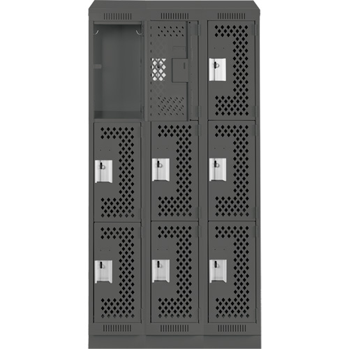 Clean Line Lockers, 3 -tier, Bank of 3, 36" x 15" x 82", Steel, Charcoal, Rivet (Assembled), Perforated Brunswick Fyr & Safety
