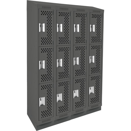 Clean Line Lockers, 3 -tier, Bank of 4, 48" x 15" x 82", Steel, Charcoal, Rivet (Assembled), Perforated Brunswick Fyr & Safety
