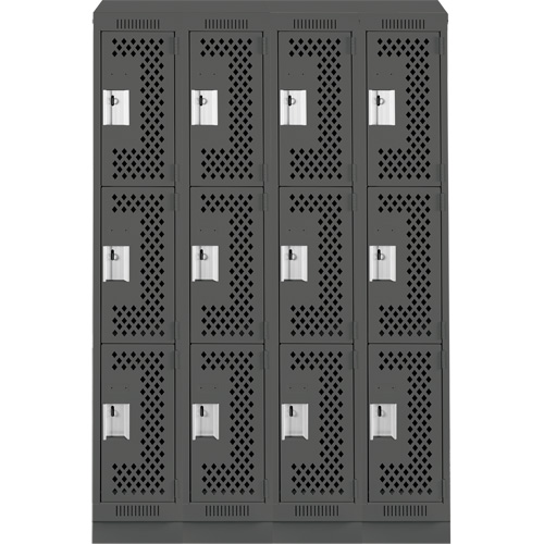 Clean Line Lockers, 3 -tier, Bank of 4, 48" x 15" x 82", Steel, Charcoal, Rivet (Assembled), Perforated Brunswick Fyr & Safety