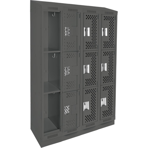 Clean Line Lockers, 3 -tier, Bank of 4, 48" x 15" x 82", Steel, Charcoal, Rivet (Assembled), Perforated Brunswick Fyr & Safety