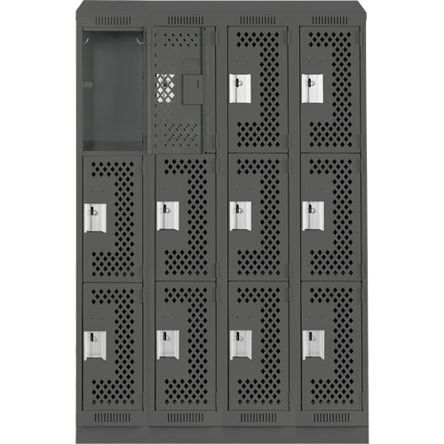 Clean Line Lockers, 3 -tier, Bank of 4, 48" x 15" x 82", Steel, Charcoal, Rivet (Assembled), Perforated Brunswick Fyr & Safety