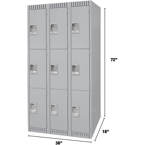 Lockers, 3 -tier, Bank of 3, 36" x 18" x 72", Steel, Grey, Knocked Down Brunswick Fyr & Safety