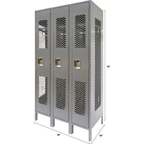 Casiers ventil&eacute;s, Bloc de 3, 36" x 18" x 78", Acier, Gris, D&eacute;mont&eacute;, Perfor&eacute; Brunswick Fyr & Safety