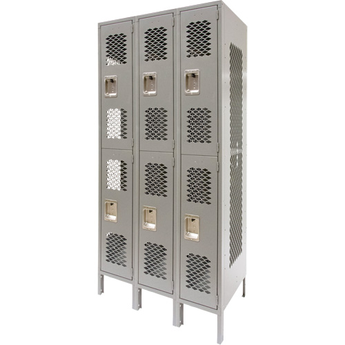 Casiers ventil&eacute;s, 2 niveaux, Bloc de 3, 36" x 18" x 78", Acier, Gris, D&eacute;mont&eacute;, Perfor&eacute; Brunswick Fyr & Safety