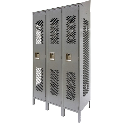 Vented Lockers, Bank of 3, 36 x 18" x 88", Steel, Grey, Knocked Down, Perforated Brunswick Fyr & Safety