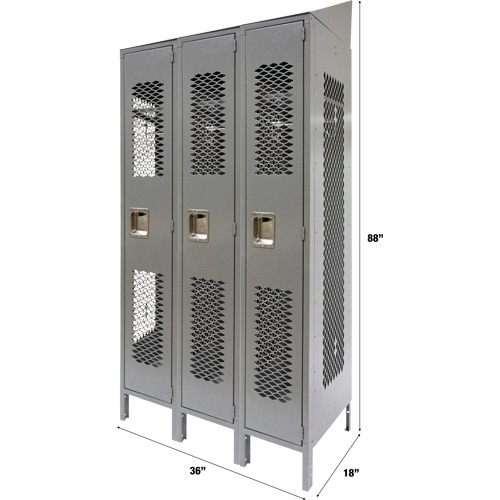 Vented Lockers, Bank of 3, 36 x 18" x 88", Steel, Grey, Knocked Down, Perforated Brunswick Fyr & Safety