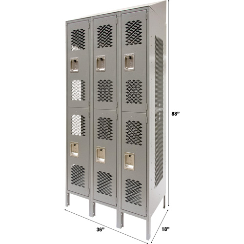 Vented Lockers, 2 -tier, Bank of 3, 36 x 18" x 88", Steel, Grey, Knocked Down, Perforated Brunswick Fyr & Safety