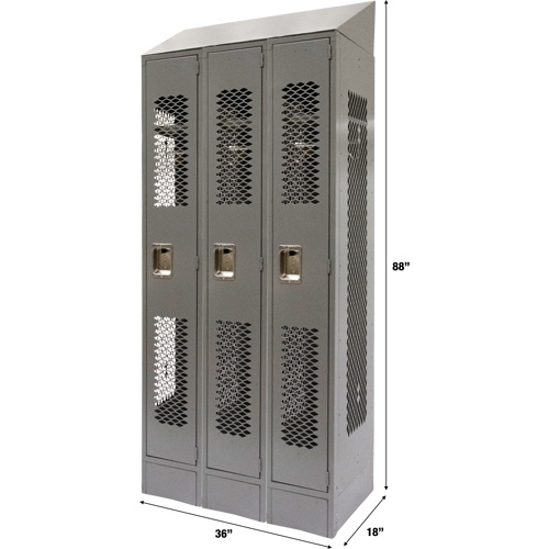 Vented Lockers, Bank of 3, 36 x 18" x 88", Steel, Grey, Knocked Down, Perforated Brunswick Fyr & Safety