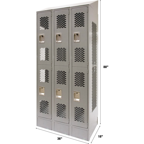 Vented Lockers, 2 -tier, Bank of 3, 36 x 18" x 88", Steel, Grey, Knocked Down, Perforated Brunswick Fyr & Safety