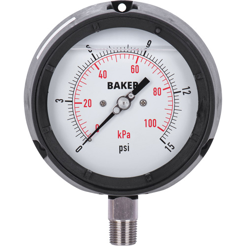 Pressure Gauge, 4-1/2" , 0 - 15 psi/0 - 100 kPa, Bottom Mount, Liquid Filled Analogue Brunswick Fyr & Safety