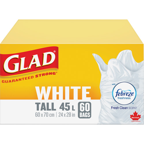 Sacs &agrave; ordures hauts 45 L avec Febreze, R&eacute;gulier, 24" la x 28" lo, Blanc Brunswick Fyr & Safety