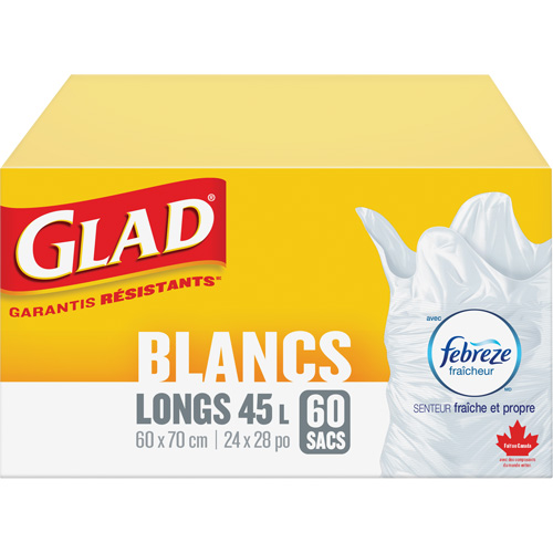 Sacs &agrave; ordures hauts 45 L avec Febreze, R&eacute;gulier, 24" la x 28" lo, Blanc Brunswick Fyr & Safety