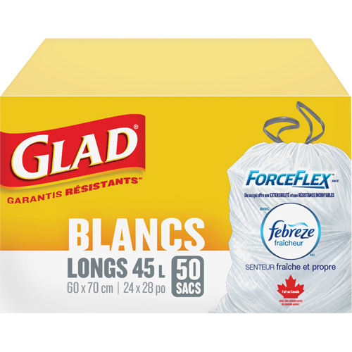 Sacs &agrave; ordures hauts 45 L avec Febreze, R&eacute;gulier, 24" la x 28" lo, Blanc Brunswick Fyr & Safety