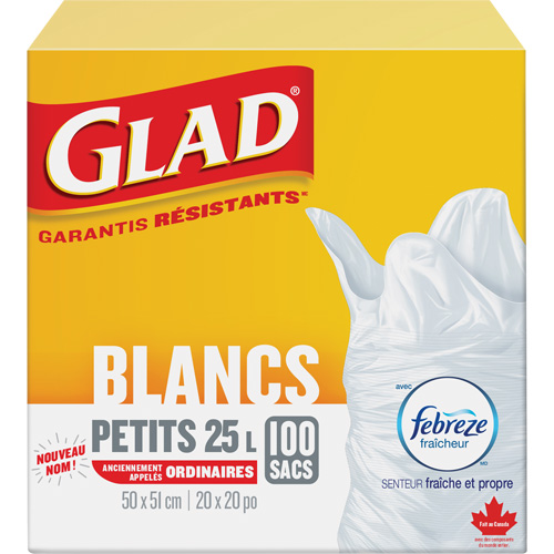 Petits sacs &agrave; ordures 25 L avec Febreze, R&eacute;gulier, 20" la x 20" lo, Blanc Brunswick Fyr & Safety