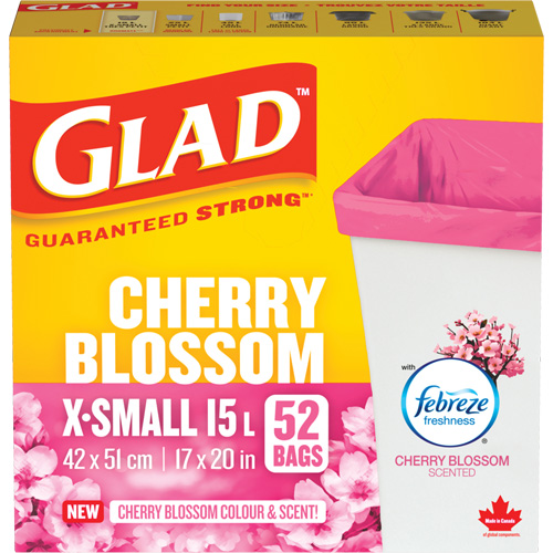 Glad&reg; Cherry Blossom Coloured & Scented Bags, Strong, 17" W x 20" L, Pink, 15 L (3.96 Gal.) Capacity Brunswick Fyr & Safety