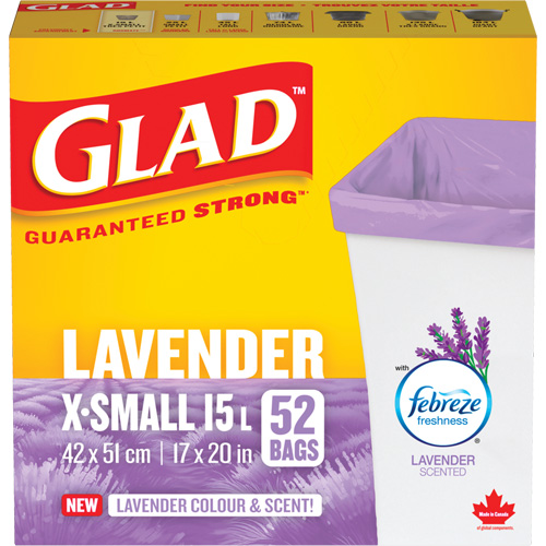 Glad&reg; Lavender Coloured & Scented Bags, Strong, 17" W x 20" L, Purple, 15 L (3.96 Gal.) Capacity Brunswick Fyr & Safety