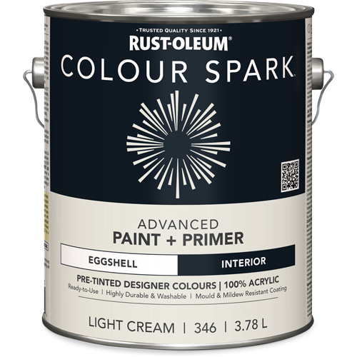 Colour Spark Interior Pre-Tinted Paint + Primer Wall Paint, White Cotton, Semi-Gloss, 3.78 L, Gallon Brunswick Fyr & Safety