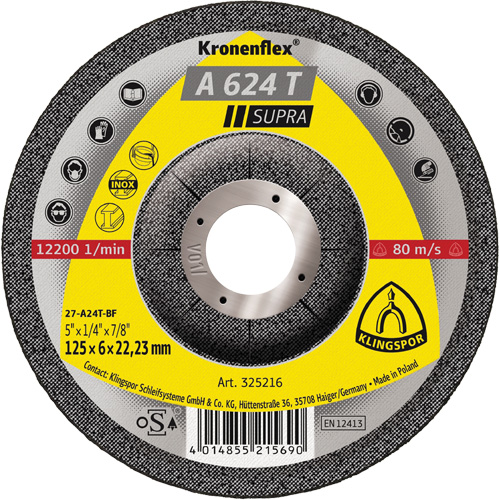 A 624 T Supra Kronenflex&reg; Grinding Disc, 5" x 1/4", 7/8" Arbor Brunswick Fyr & Safety
