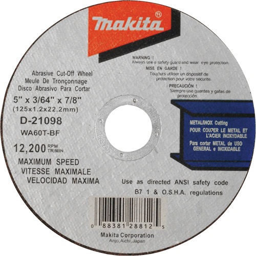 Meule &agrave; tronçonner mince, 5" x 3/64", Arbre de 7/8", Type 1, Oxyde d'aluminium, 12 200 Tr/min Brunswick Fyr & Safety