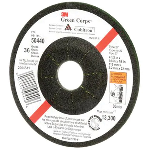 Meule flexible Green Corps, 4-1/2" x 1/8", Arbre 7/8", C&eacute;ramique, Type 27 Brunswick Fyr & Safety