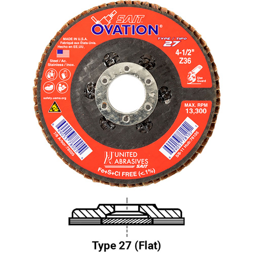 OVATION MEULE LAMELLE5X5/8 11 GRAIN36, 5" x 5/8"-11, Type 27, Grain 36, Zirconium Brunswick Fyr & Safety