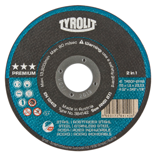 Premium 2 In 1 Thincut Cut-Off Wheel, 4-1/2" x 0.045", 7/8" Arbor, Type 1, Aluminum Oxide, 13300 RPM Brunswick Fyr & Safety