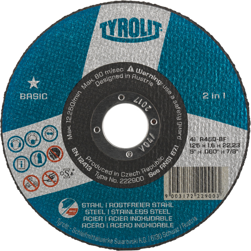 Basic 2 In 1 Cut-Off Wheel, 4-1/2" x 1/16", 7/8" Arbor, Type 1, Aluminum Oxide, 13300 RPM Brunswick Fyr & Safety