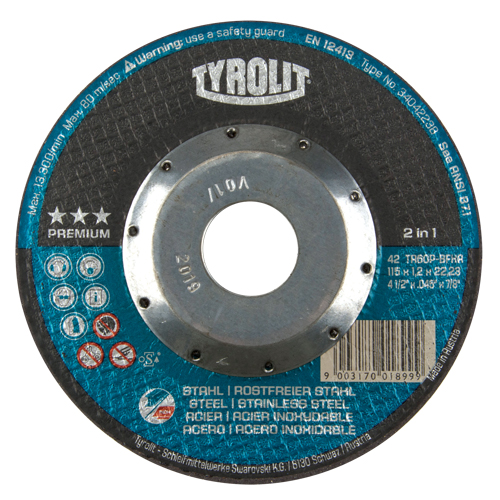Premium 2 In 1 Thincut Cut-Off Wheel, 4-1/2" x 0.045", 7/8" Arbor, Type 27, Aluminum Oxide, 13300 RPM Brunswick Fyr & Safety