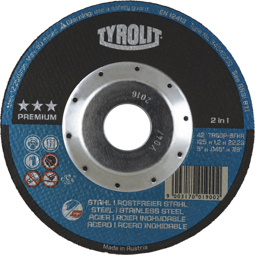 Premium 2 in 1 Thincut Cut-Off Wheel, 5" x 0.045", 7/8" Arbor, Type 27, Aluminum Oxide, 12250 RPM Brunswick Fyr & Safety